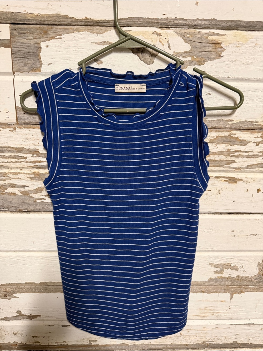 Zenana Outfitters Royal Blue & White Striped Ruffle Sleeve Tank